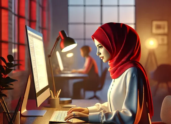 DALL·E 2024-07-20 11.32.05 - A realistic 3D style image in dim evening lighting, featuring a young woman wearing a red hijab working on a computer in a modern, cozy office. The sc